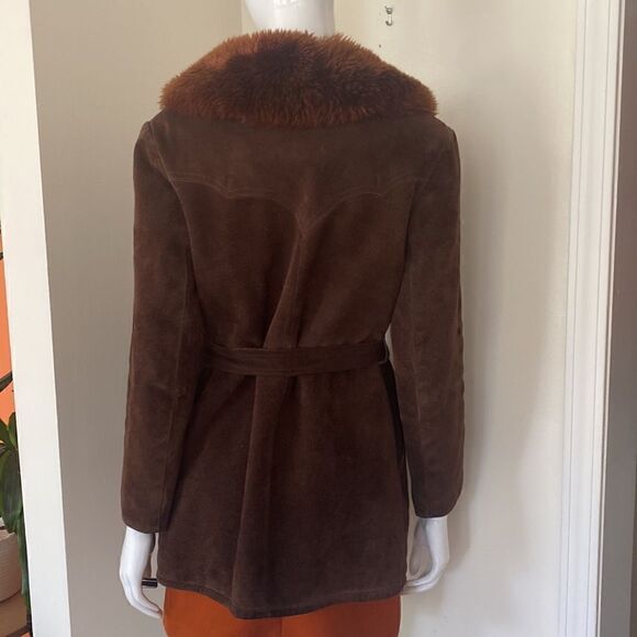 Vintage 70's Chocolate Brown Suede Leather Penny Lane Coat with Faux Fur Collar - Picture 5 of 15
